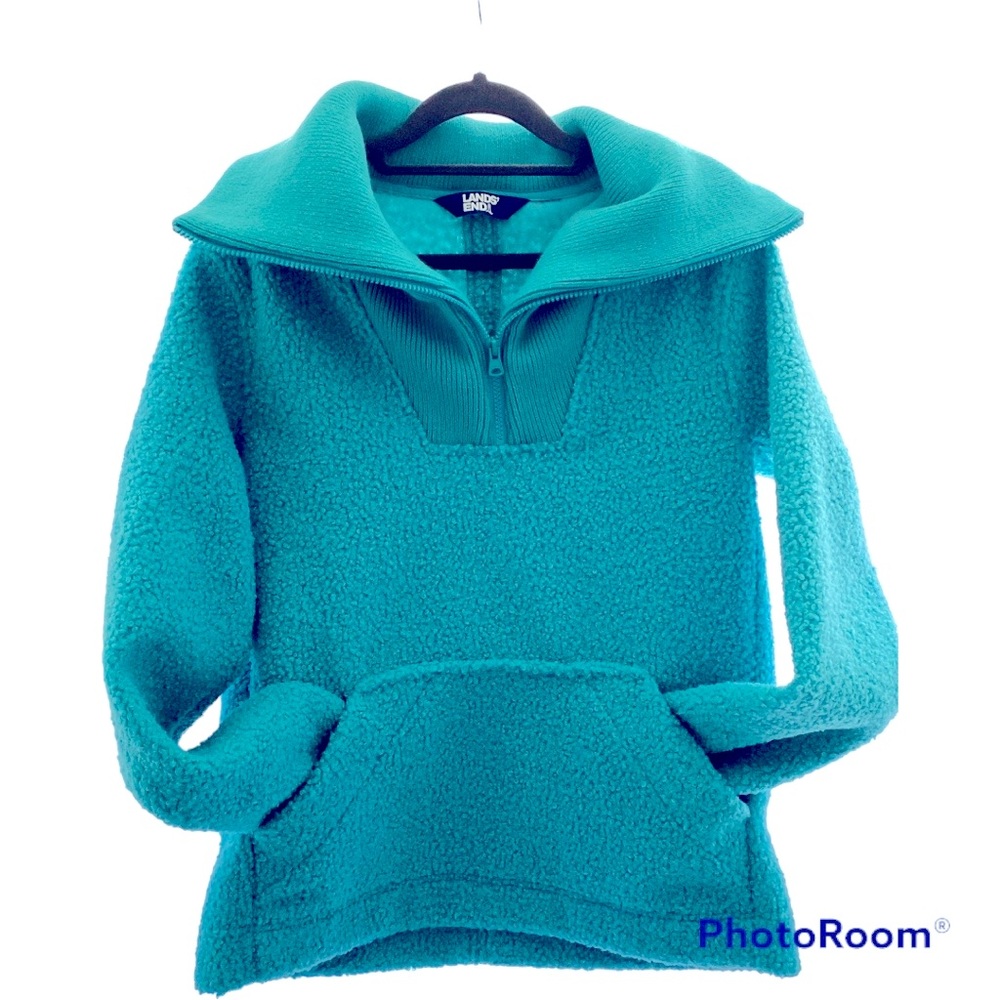 Lands End Boucle Fleece Quarter Zip Kangaroo Pocket Pullover Teal XS Small